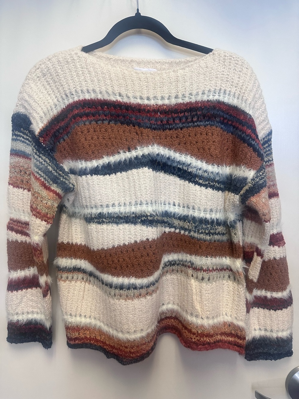 Adore Cream Crewneck Sweater with Brown, Navy and Rust Stripes